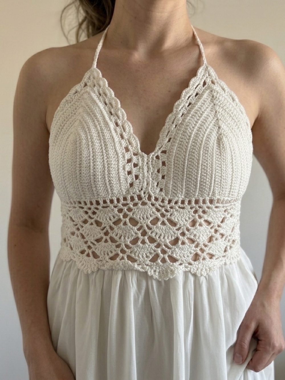 NWT Lilbetter White Crochet Halter Maxi Dress Size Large Boho
